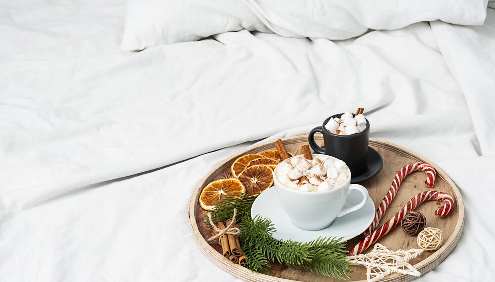 Hot cocoa on a bed